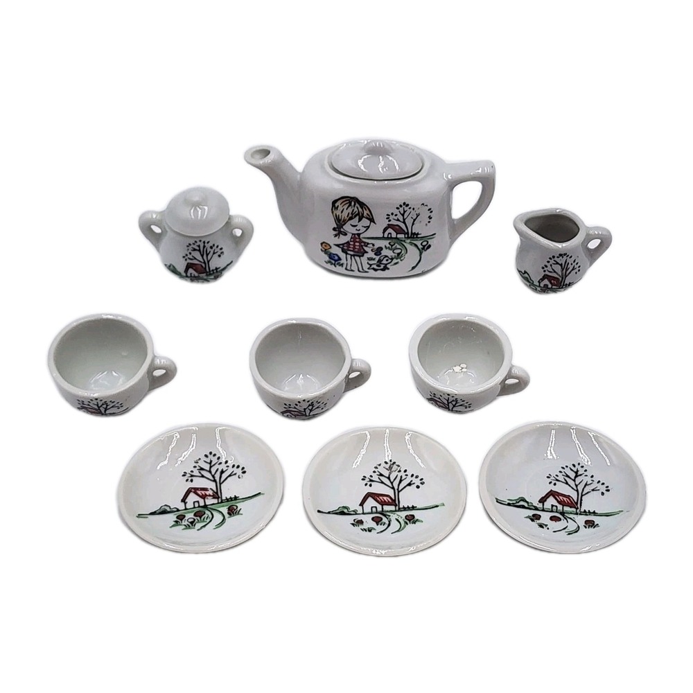 Vintage 1960s Childs‎ Mini China Tea Set Complete Girl w Dog Print Original Box - Picture 3 of 10